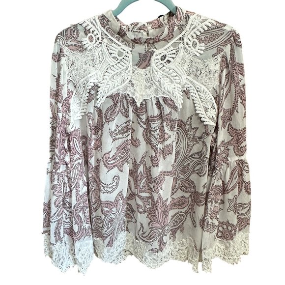 LOFT women’s sz XL pink paisley lace embellished keyhole back flowy Boho blouse - Picture 1 of 9
